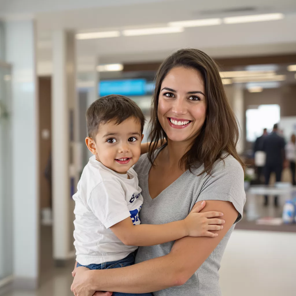 Madre aliviada con niño sonriente